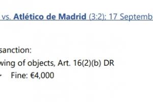 欧足联官方宣布，因在对阵马竞的比赛中出现球迷投掷物品的情况，对利物浦处以4000欧元的罚款。