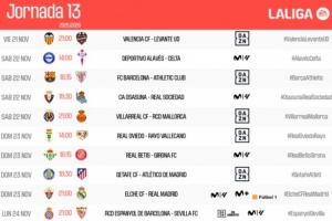 西甲第13轮赛程：11月22日23:15巴塞罗那对阵毕尔巴鄂竞技，皇家马德里比赛于24日4点开赛。