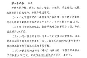 若球迷存在歧视行为且证据确凿，其支持俱乐部将至少面临50万元罚款。